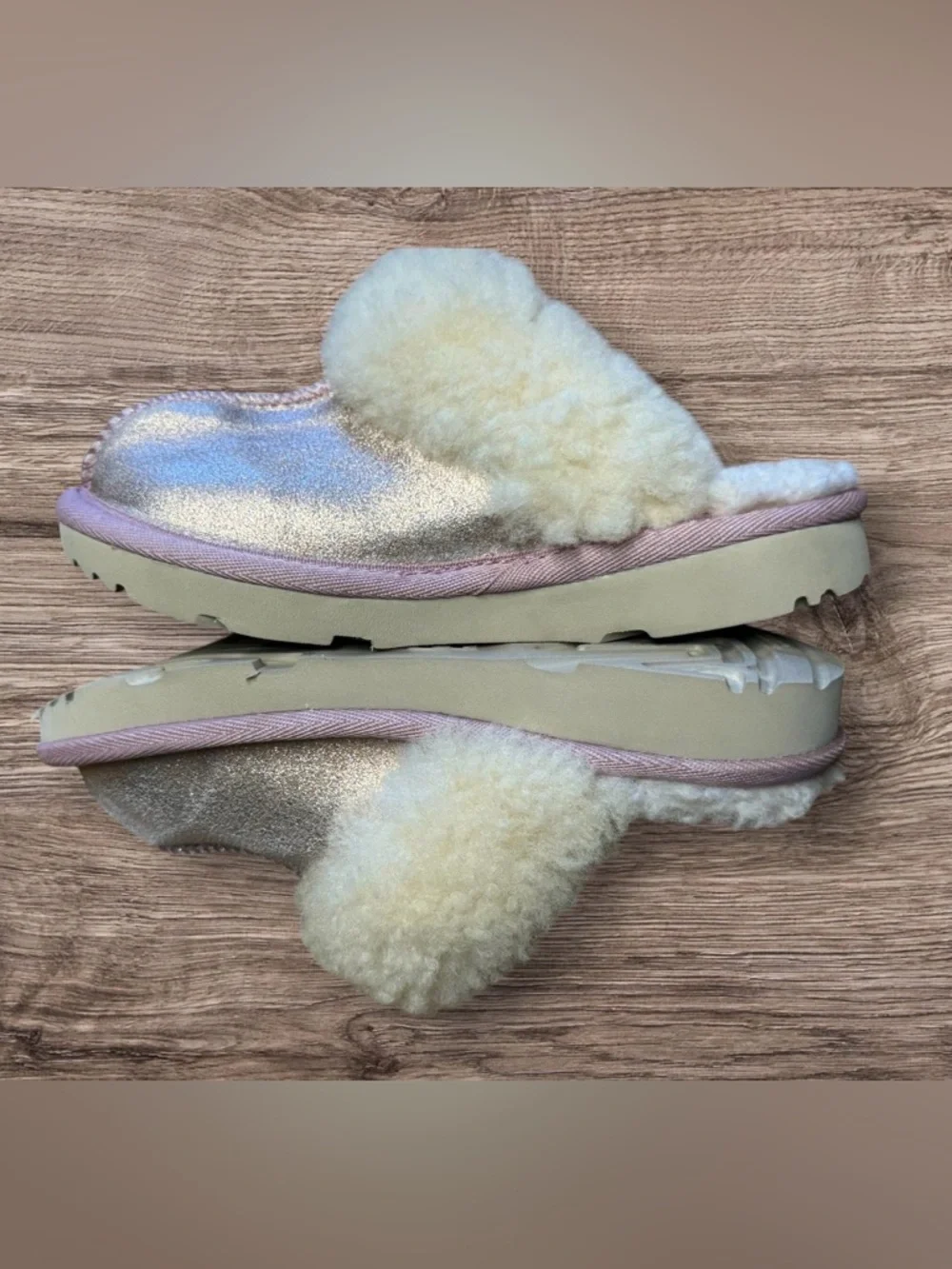 NEW UGG Cozy II Metallic Glitter Genuine Shearling Slipper Kids Rose Gold